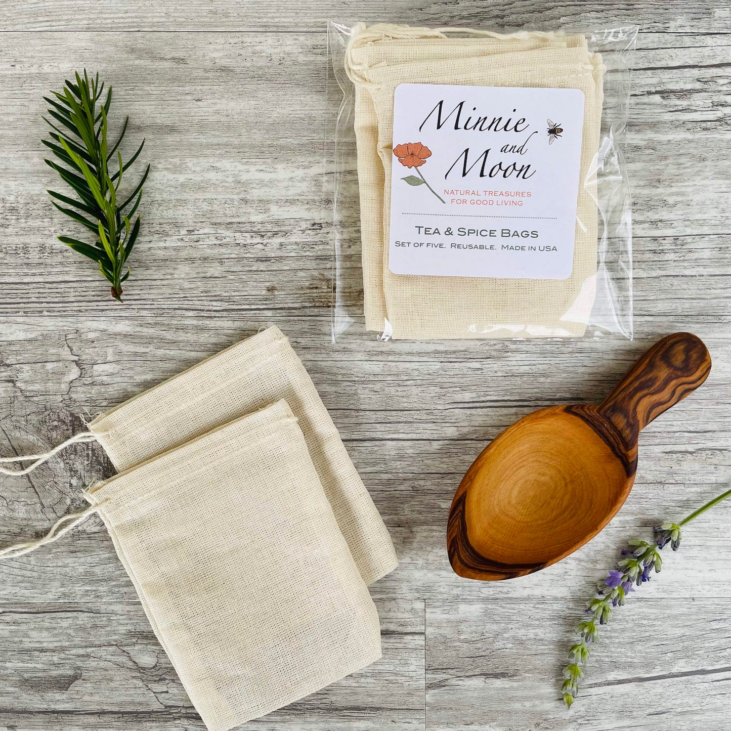 Reusable Tea Bags & Olive Wood Scoop